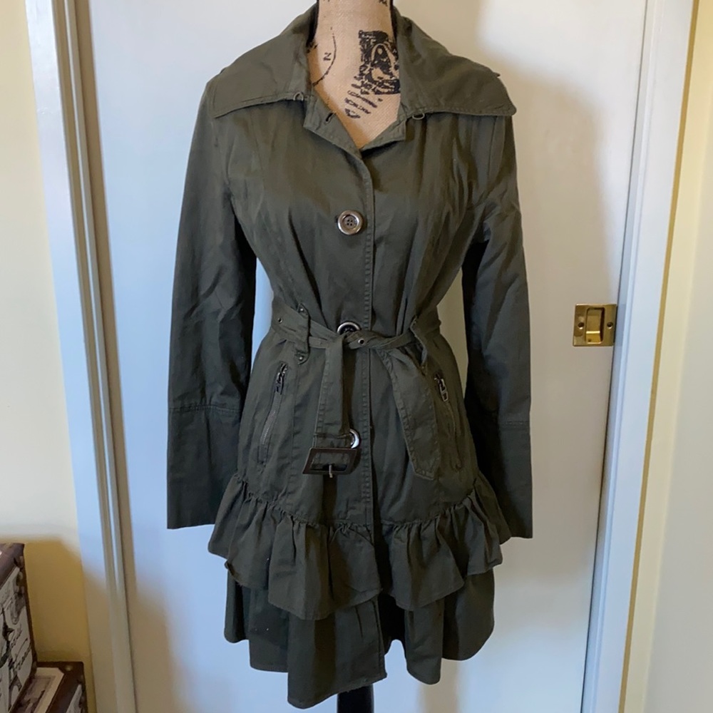 Miss Sixty Belted Trench Jacket with Ruffle Detail, Feminine and flirty